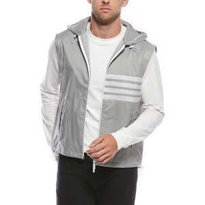 Thom Browne Mens  Ultralight Ripstop 4-Bar Hooded Vest, Grey